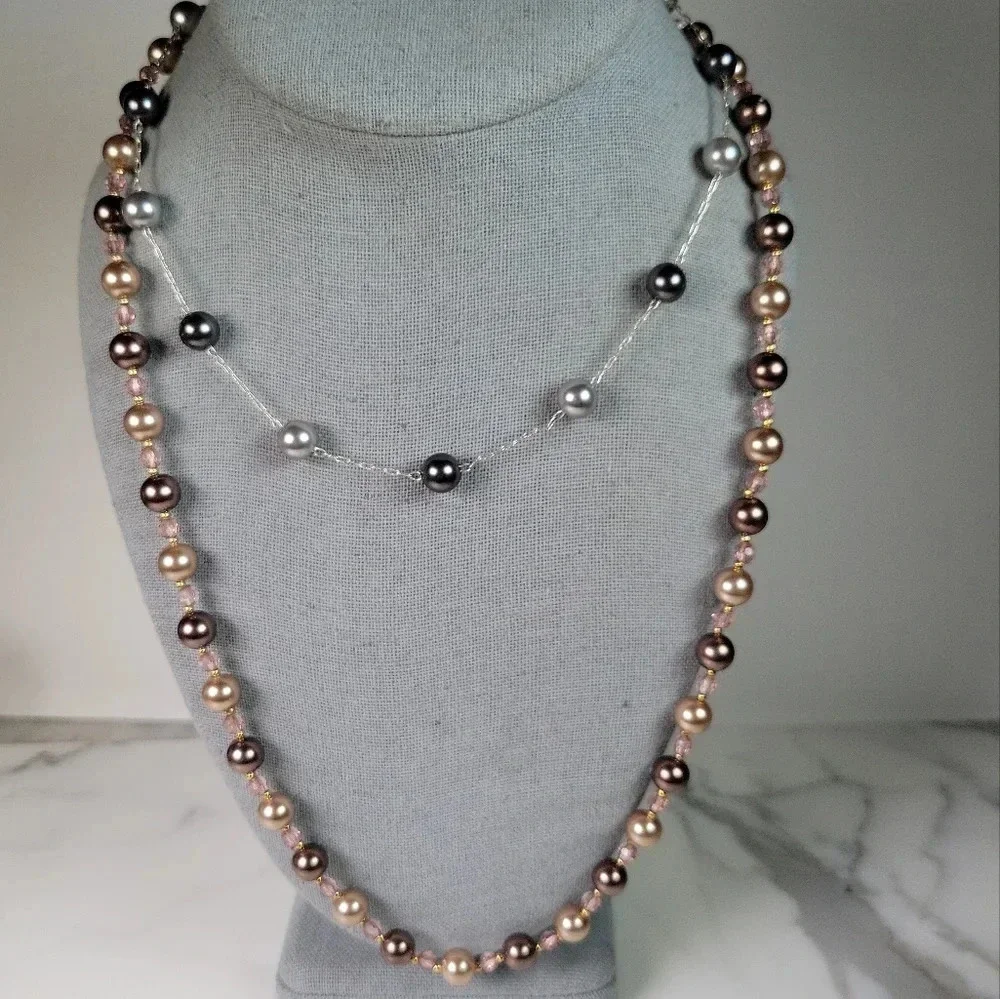 Roman Beaded Necklace Set Of 2  Signed Floating Faux Pearl Gray Peach Pi…